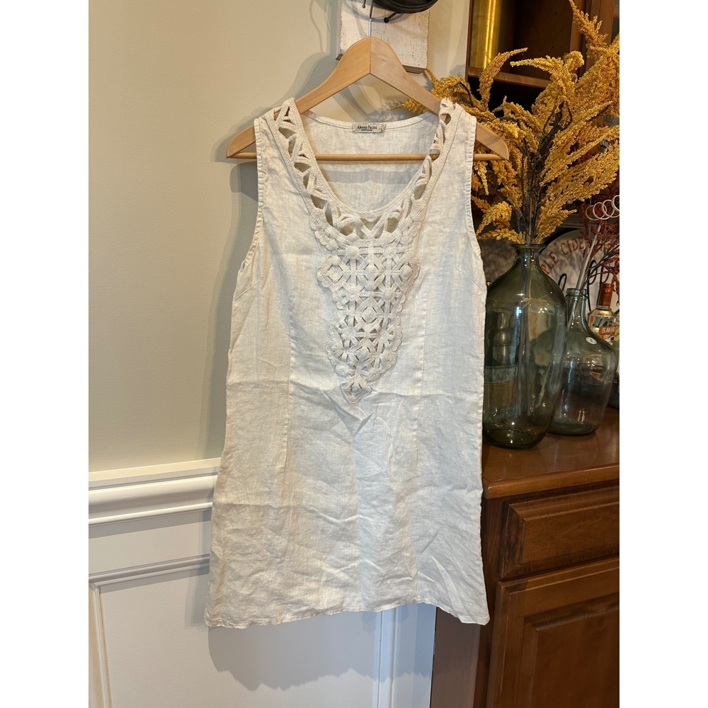 Alessia Pacini Italian 100% Linen Mini Dress Made in‎ Italy Crochet Trim Sz XS